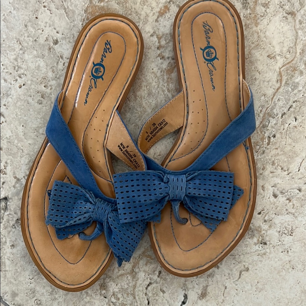 Born Crown Blue leather and Tan Sandals with Bow Detail